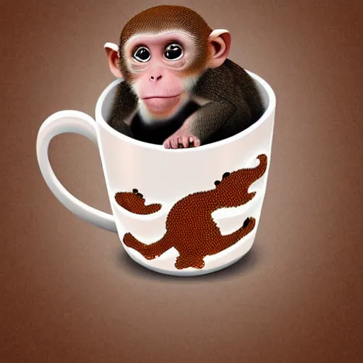 Prompt: tiny monkey living in a coffee cup, photorealistic