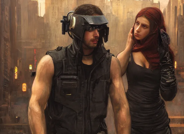 Image similar to Maria evades sgt Nash. Cyberpunk hacker in jumpsuit escaping menacing police troopers (blade runner 2049). beautiful face. Epic painting by john william waterhouse and Edwin Longsden Long and Theodore Ralli and Nasreddine Dinet, oil on canvas. Cinematic, hyper realism, realistic proportions, dramatic lighting, high detail 4k