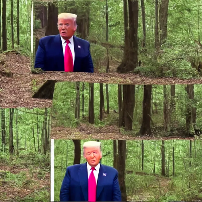 Image similar to A blurry ominous screen capture of found footage of Donald Trump in the woods talking to an alien