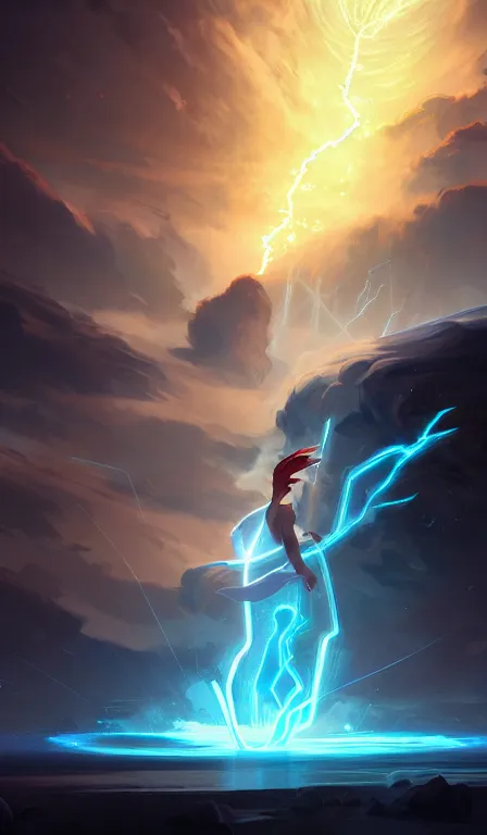 Image similar to the god zeus, lightning, action, epic, medium shot, sharp focus, digital art, concept art, dynamic lighting, character design by anna dittman, and rossdraws, environment design by jessica rossier