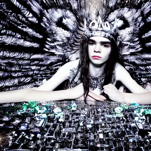 Image similar to a monochrome symmetric wide shot of Grimes as a fallen angel, sitting in a large glittery hell simulation with skulls and computer code