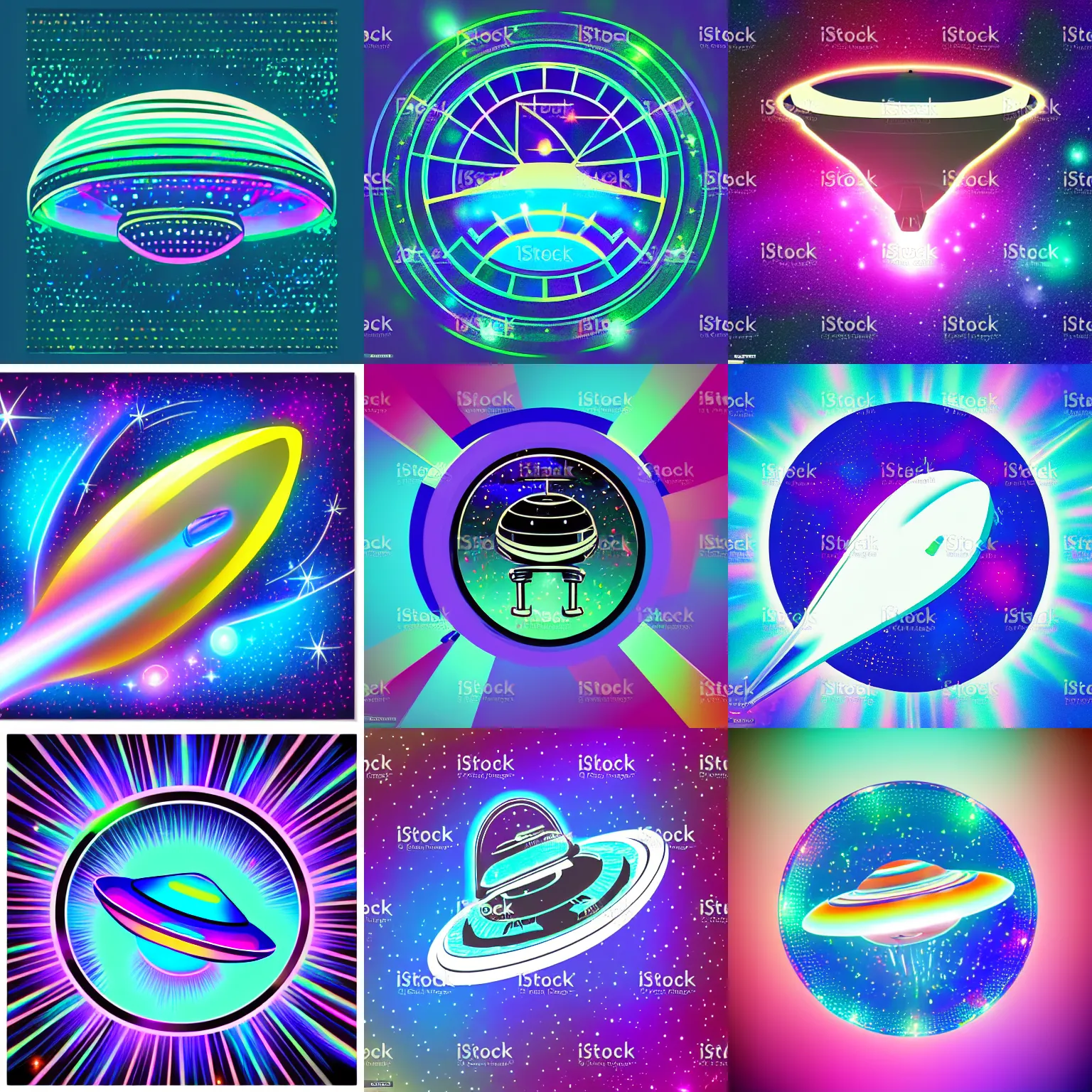 Prompt: holographic sticker of an ufo in space, iridescent colors, vector art