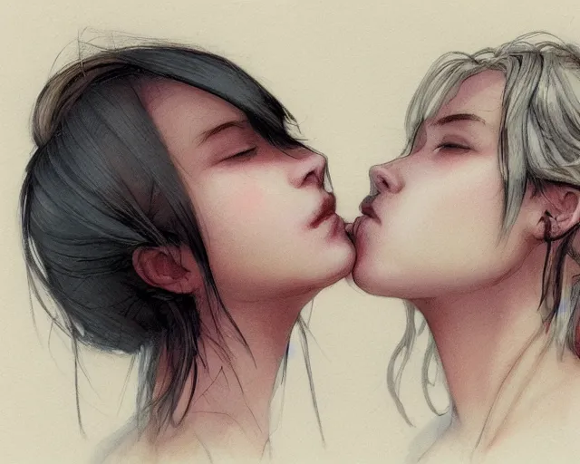 Image similar to girl kissing another girls neck, sharp details, sharp focus, elegant, highly detailed, illustration, by jordan grimmer and greg rutkowski and pine ( ハイネ ) and 薯 子 imoko and 香 川 悠 作 and wlop and maya takamura, intricate, beautiful, trending artstation, pixiv, digital art