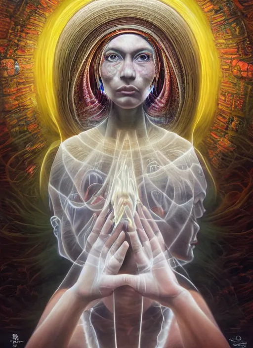 Prompt: portrait ultra dimensional enlightened cult woman shaman, enlightenment tripping on dmt, psychedelic experience, ultra high definition, unreal engine 5, hyperrealism, ray tracing, masterpiece composition, by michael parkes, casey weldon, barclay shaw