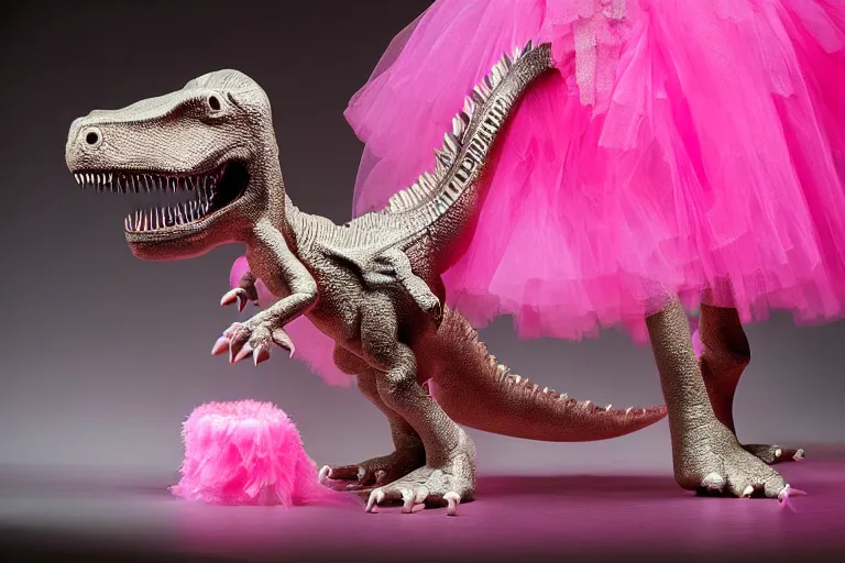 Image similar to dinosaur in a pink tutu, studio lighting, highly detailed, striking, inspiring