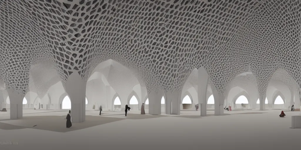 Prompt: islamic mosque futuristic style design by Zahah Hadid