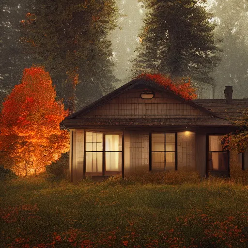 Prompt: autumn, house, forest, rain, dark, octane render, artstation, unreal engine 5 highly detailed, epic composition,