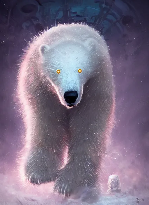 Image similar to white furry polar bear, steampunk googles, highly detailed, unreal engine 5, cinematic, 8 k, by megan duncanson, benjamin lacombe, adrian borda, stanley artgermm, tom bagshaw, craig mullins, carne griffiths, ayami kojima, beksinski, giger, trending on deviantart, hyper detailed, horror, full of colour