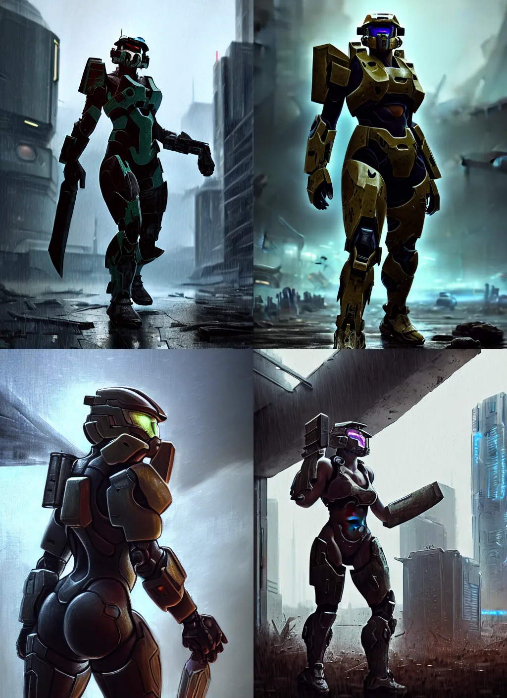 Prompt: a beefy bulky female warrior walking in a cyberpunk wasteland facing the camera, mjolnir armor from halo infinite!!!!!!!!!!, intricate, 8K, octane render, Digital painting, concept art, illustration, sharp focus, centered, good value control, realistic shading, rational painting, a rainy night, water, wet, rain, rainstorm, rubber undersuit, enhance face