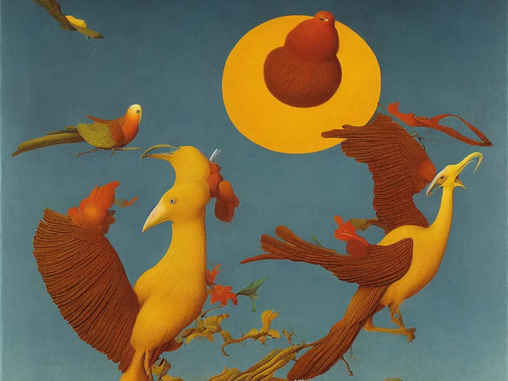 Image similar to beautiful exotic bird is covering the sun. Jan van Eyck, Audubon, Rene Magritte, Agnes Pelton, Max Ernst, Walton Ford