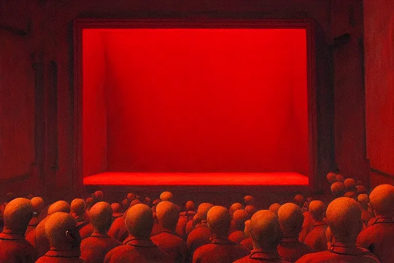 Image similar to only with red, crowd screaming, an exposed painting in a roman theater, in the style of beksinski, parts by edward hopper, parts by rodcenko, parts by yue minjun, intricate and epic composition, red by caravaggio, insanely quality, highly detailed, masterpiece, red light, artstation, 4 k