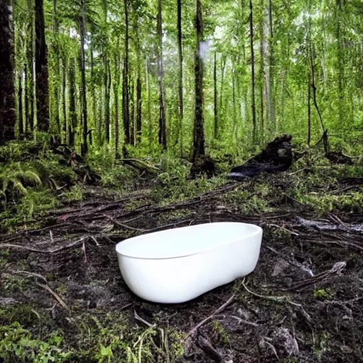 Image similar to pristine porcelain bath filled with bubbles in a clearcut rainforest, slash and burn, cleared forest, deforestation, bubble bath, overflowing with bubbles, tree stumps, smouldering charred timber