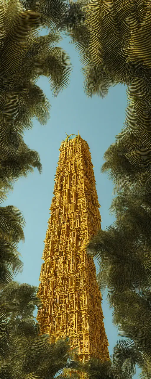 Image similar to eye level view of single tower, golden facade babylon tower, sacred ancient architecture, hanging gardens, cascading highrise, arid mountains with lush palm forest, sunlight, post - production, octane, cgi, sfx