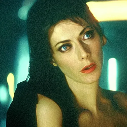 Image similar to a movie still of monica belluci as rachael in blade runner