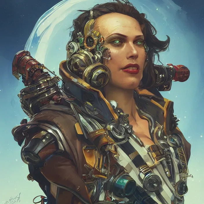 Image similar to a head and shoulders portrait of a space pirate, neon, retro, steampunk, smooth, sharp focus, intricate, artstation, detailed concept art by Rutkowski and Mucha and sky sewa and Darwin Cellis