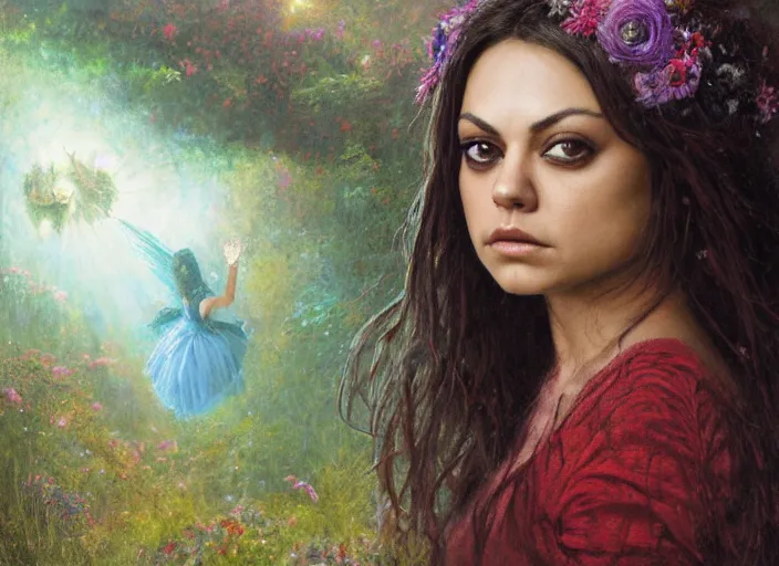 Image similar to Mila Kunis staring into the camera, misty wisps, Lilia Alvarado, Sophie Anderson, Mark Arian, Bob Byerley, Charlie Bowater, Mark Brooks, Steve Henderson, Justin Gerard, Arthur Hughes, Edward Robert Hughes, Mark Keathley, Victor Nizovtsev, Carlos Shwabe, Ross Tran, WLOP