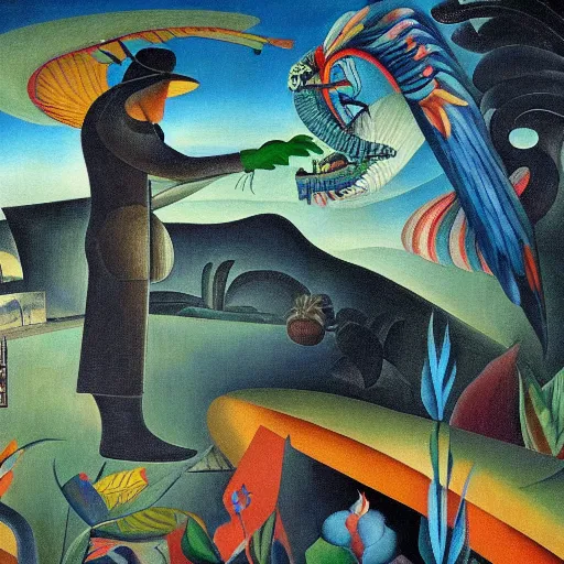 Image similar to high quality, high detail painting, dutch masterpiece, isamu noguchi, film noir, diego rivera, high garden scene with quetzalcoatl at night, hd, muted lighting