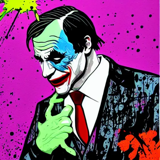 Image similar to die cut sticker, saul goodman wearing the joker suit, splatter paint