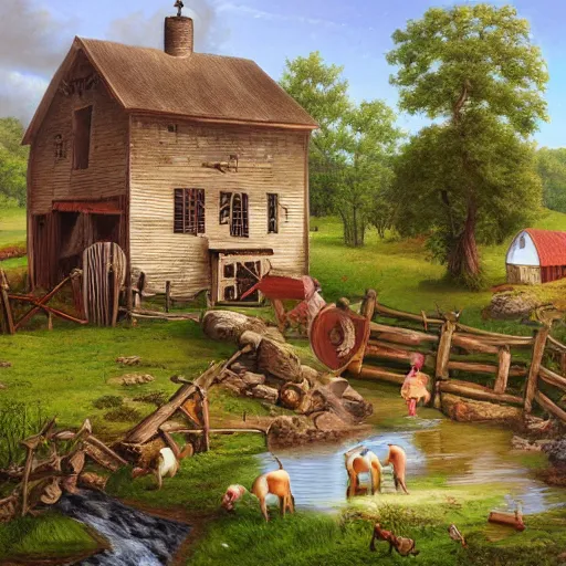 Image similar to folk art, farmhouse with a waterwheel by a creek, farm animals and children playing in the yard, lowbrow, matte painting, 3 - d highly detailed, style of greg simkins