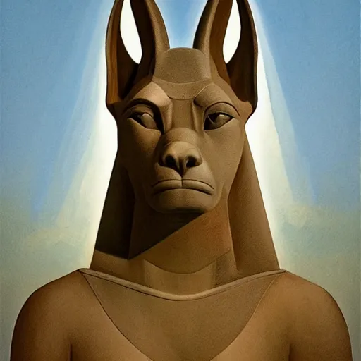 Image similar to Anubis by Raphael, Hopper, and Rene Magritte. detailed, romantic, enchanting, trending on artstation.