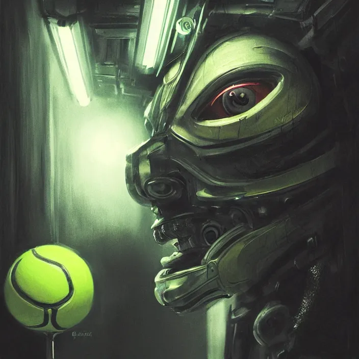 Image similar to cinematic portrait of a cute tennis ball monster, cyberpunk, bladerunner, chalk, masterpiece, trending on artstation, featured on pixiv, cinematic composition, dramatic pose, beautiful lighting, sharp details, hyper - detailed, hd, hdr, 4 k, 8 k, art by basil gogos