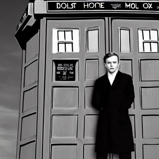 Image similar to high quality, extremely detailed photograph of young anthony hopkins as doctor who in front of tardis, directed by christopher nolan, 2 0 0 9