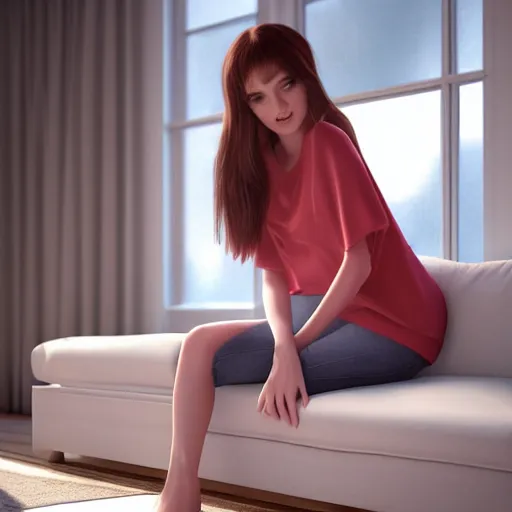 Image similar to 3 d render of a cute thin young woman, red blush, wearing casual clothes, small smile, relaxing on a couch, cuddling up under a blanket cozy living room, medium shot, 8 k, octane render, trending on artstation, art by artgerm, unreal engine 5, hyperrealism, hyperdetailed, ultra realistic