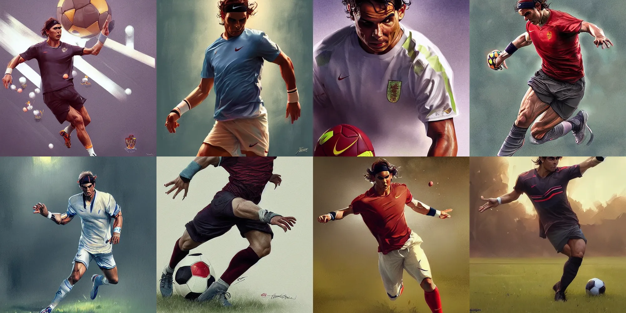 Prompt: Rafael Nadal playing football , highly detailed, digital painting, artstation, concept art, illustration, art by Artgerm and greg rutkowski and alphonse mucha