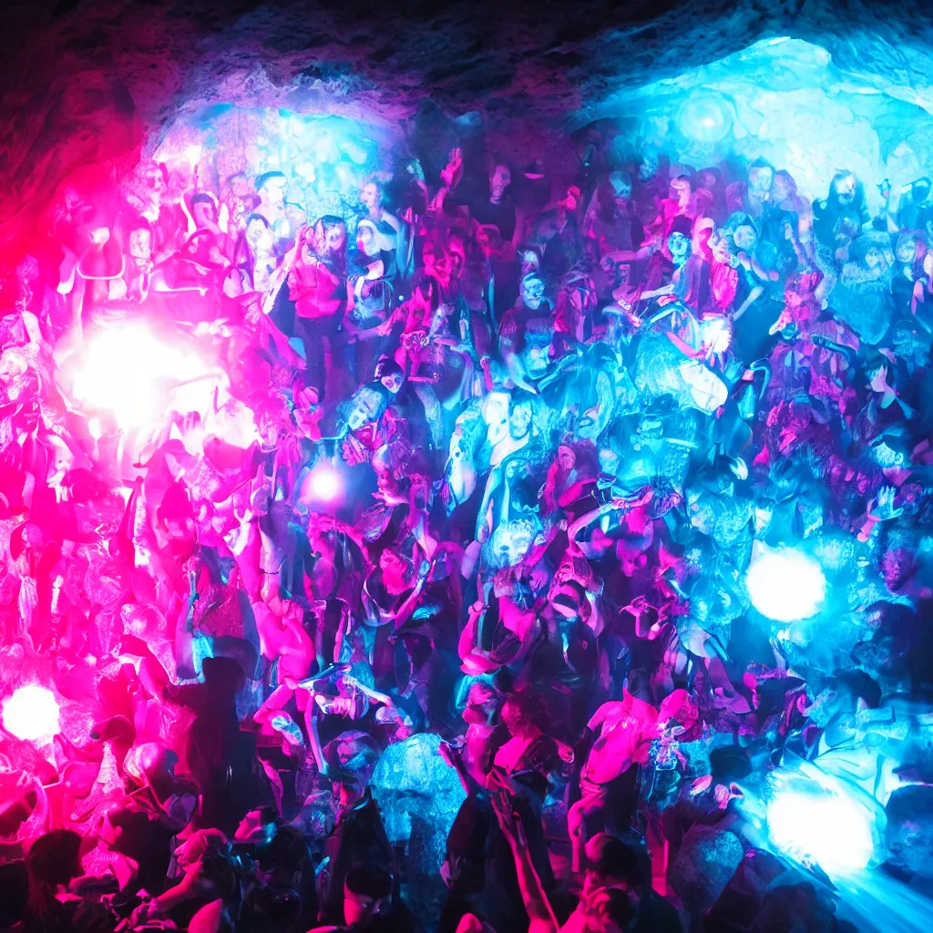 Image similar to cinematic shot of a goth disco in a cave, brutal weapons made of pink lasers and blue crystals forming a sphere, 8k photograph