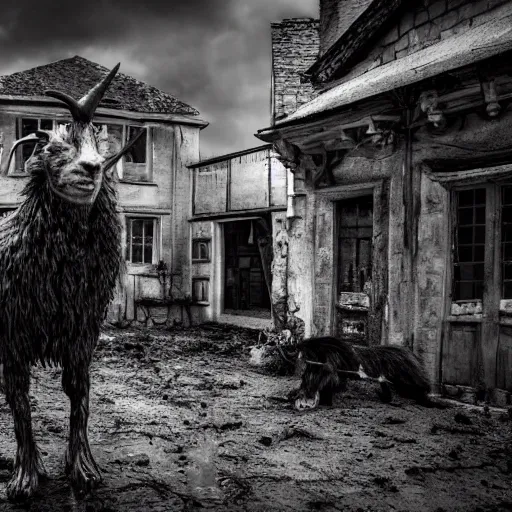 Image similar to horror, moody, still from film, daytime, muddy village square, wide shot, roaring mutant goat monster, powerful and huge, creeping on legs with hands instead of feet, filthy jagged teeth in gaping mouth, matted dirty fur, in muddy medieval village square