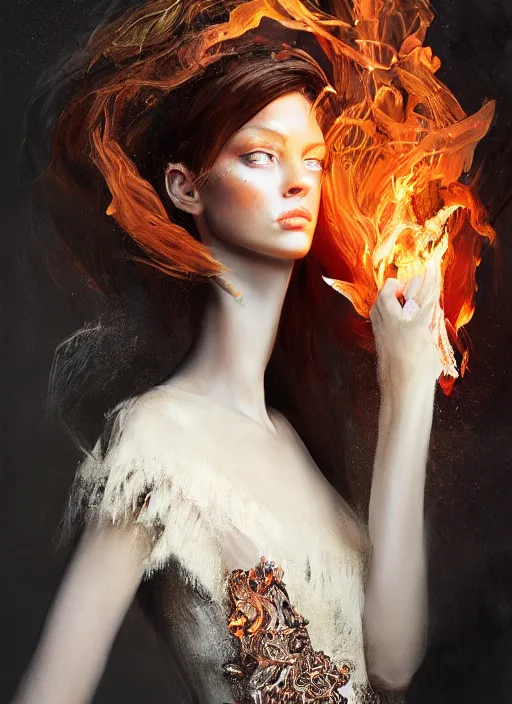 Image similar to fashion portrait with fire, female, 3d, future, torch, flame, harper's bazaar, vogue, fashion magazine, intricate, concept art, close up, ornate, luxury, elite, elegant, trending on artstation, by ruan jia, by Kenneth Willardt, by ross tran, by WLOP, by Andrei Riabovitchev,