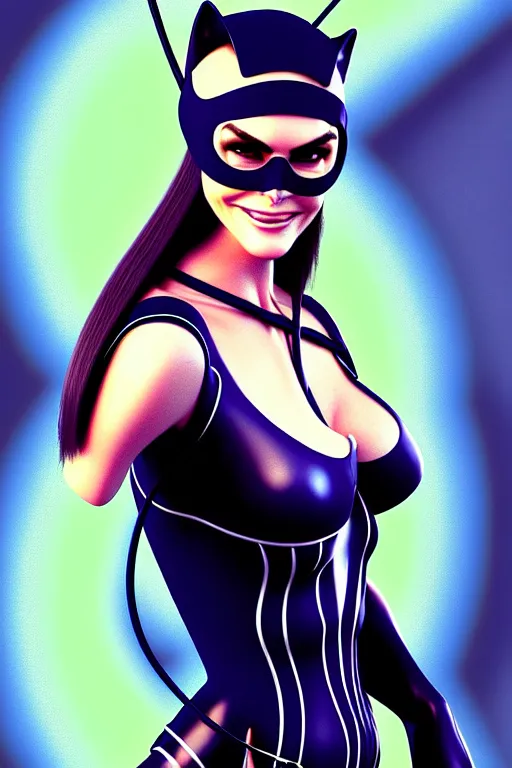 Image similar to portrait of a mix of beautiful young maria shriver, mariel hemmingway, brooke shields, nicole kidman and elle macpherson as catwoman, thin lips, hair tied up in a pony tail, colorful artstation, cgsociety