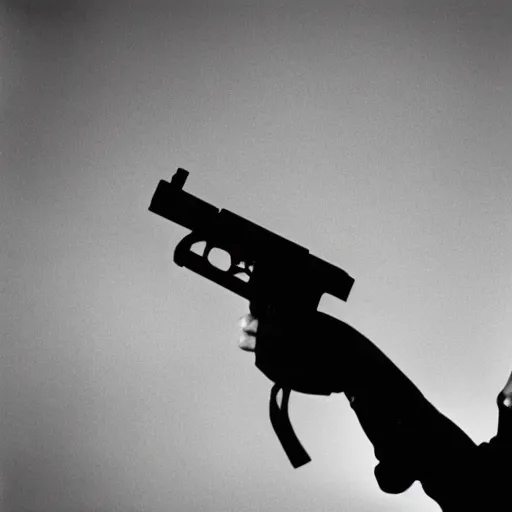 Image similar to photo of putin pointing a gun, black and white, dramatic, cinestill, 800t, 35mm, full-HD