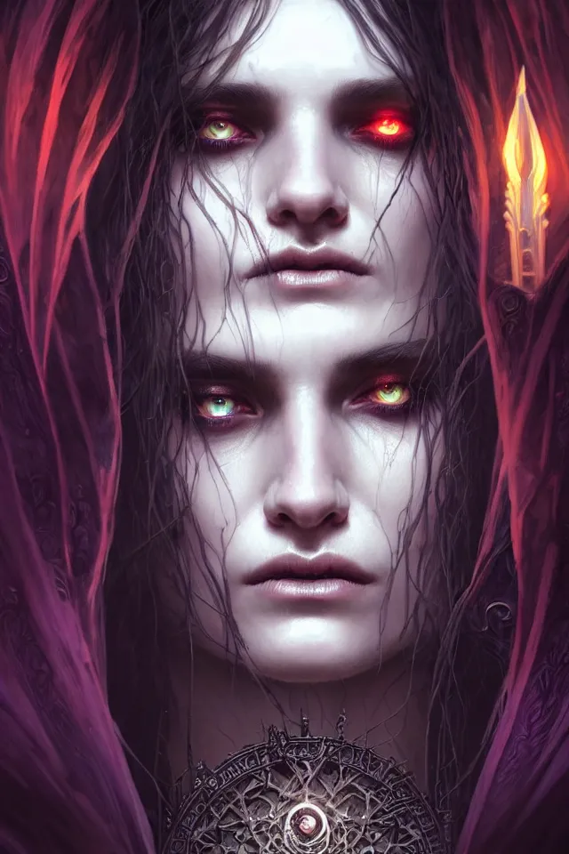 Image similar to Necromancer Sorceress face close-up macro in center, fantasy magic, undercut hairstyle, dark light night, intricate, elegant, sharp focus, illustration, highly detailed, digital painting, concept art, matte, art by WLOP and Artgerm and Greg Rutkowski and Alphonse Mucha, masterpiece