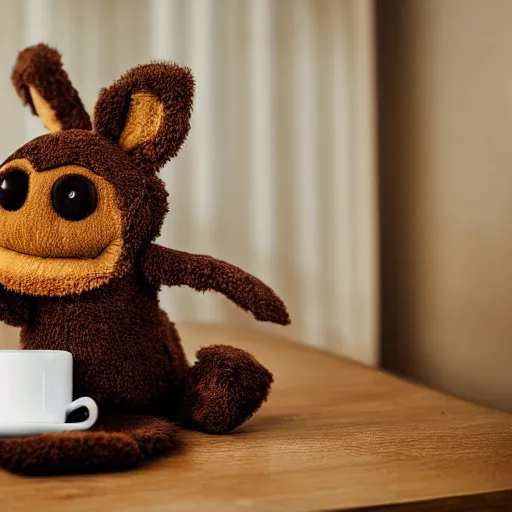 Image similar to a huggable brown chibi plush rabbit muppet monk wearing a wolf skull and dat beside a cup of tea, photorealistic, nature, photography, national geographic, sesame street