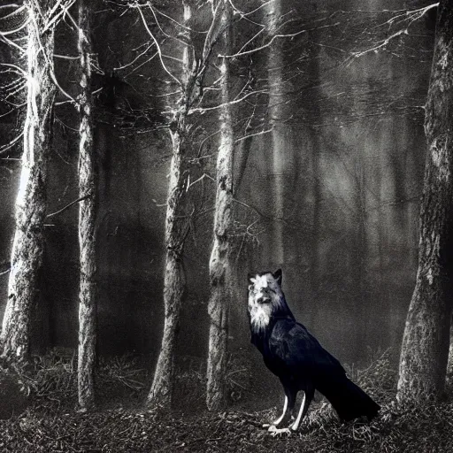 Prompt: mixture between an crow and! wolf, photograph captured in a dark forest, realistic