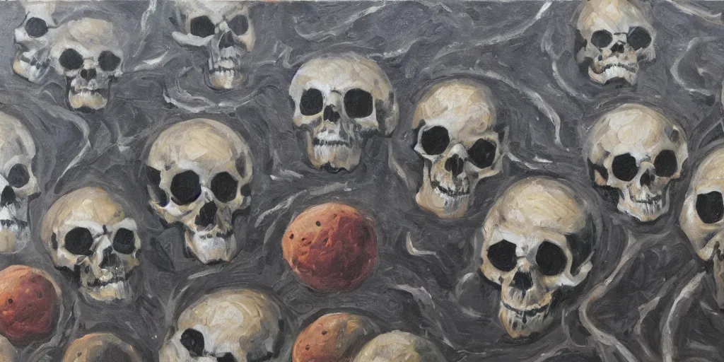 Image similar to a few giant skulls on the moon, oil on canvas