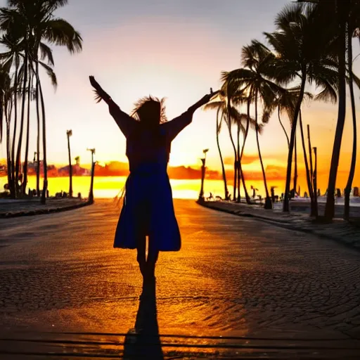 Image similar to a woman facing a blue portal on the street, which shows a beach at sunset