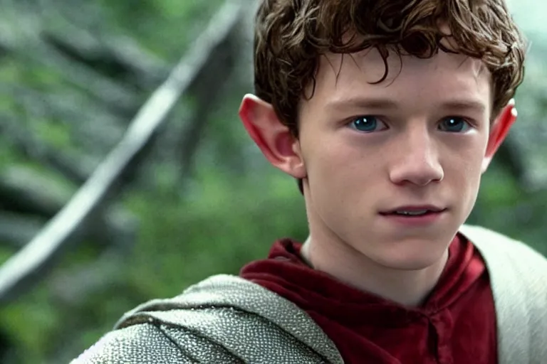 Image similar to young tom holland plays an elf in the lord of the rings return of the king, highly detailed, cinematic lighting, 4 k, arricam studio 3 5 mm film camera, kodak 5 2 7 9 ( tungsten - balanced ) film stock
