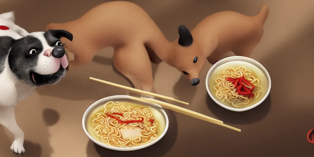 Prompt: A happy dog holding chopsticks and eating a bowl of ramen, hyper realistic, insane detail, Pixar