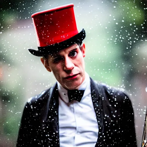 Image similar to cinestill 5 0 d candid photographic portrait by david cronenberg of baroque steampunk cyborg gentleman wearing a red edwardian suit and top hat, floral growths, modern cyberpunk moody emotional cinematic, closeup, pouring rain menacing lights shadows, 8 k, hd, high resolution, 3 5 mm, f / 3 2, ultra realistic faces, ex machina