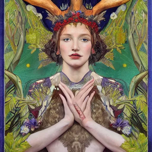 Image similar to queen of the forest wearing an antler crown, by Annie Swynnerton and Nicholas Roerich and (((Tino Rodriguez))), embroidered robes, floral tattoos, bioluminescent skin!, elaborate costume, geometric ornament, symbolist, soft colors, dramatic lighting, smooth, sharp focus, extremely detailed