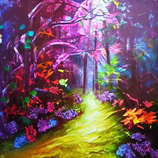 Prompt: secret hidden path in the forest leading to a doorway to outerspace, prismatic weather, flowers, expressive oil painting