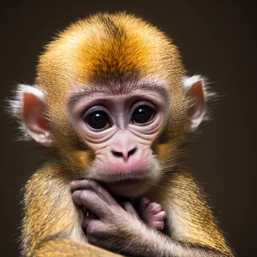 Prompt: studio photo of a baby monkey holding a puppy, by annie leibowitz, sharp focus, studio light