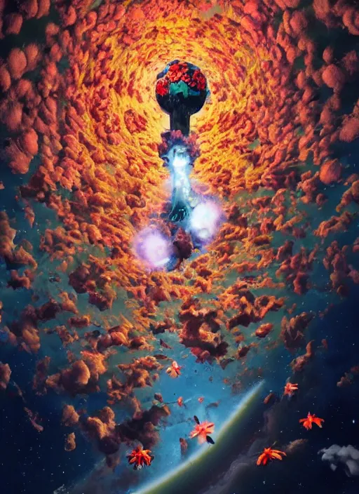 Image similar to An epic fantastic realism comic book style painting of the most beautiful flowers launched into space, bouquets, everything being pulled into a black hole, floral meteor, fisheye, unreal 5, DAZ, hyperrealistic, octane render, dynamic lighting
