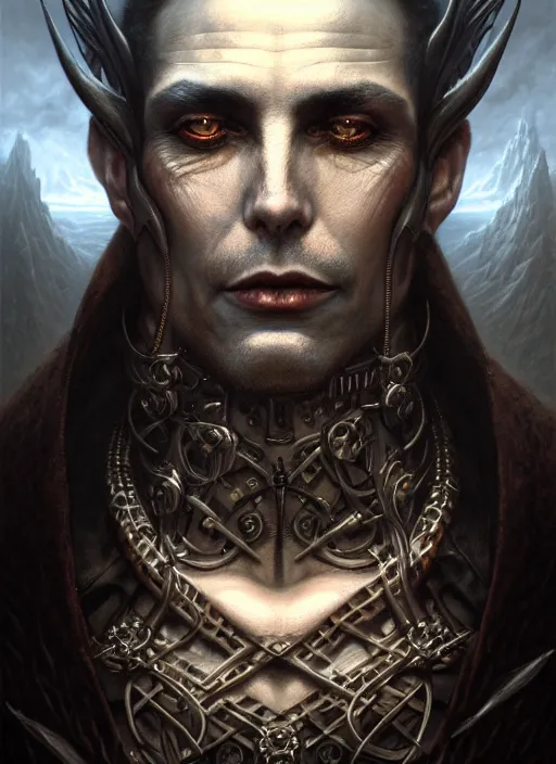 Image similar to closeup portrait shot of a vampire king in a scenic dystopian environment, intricate, elegant, highly detailed, centered, digital painting, artstation, concept art, smooth, sharp focus, illustration, artgerm, tomasz alen kopera, peter mohrbacher, donato giancola, joseph christian leyendecker, wlop, boris vallejo