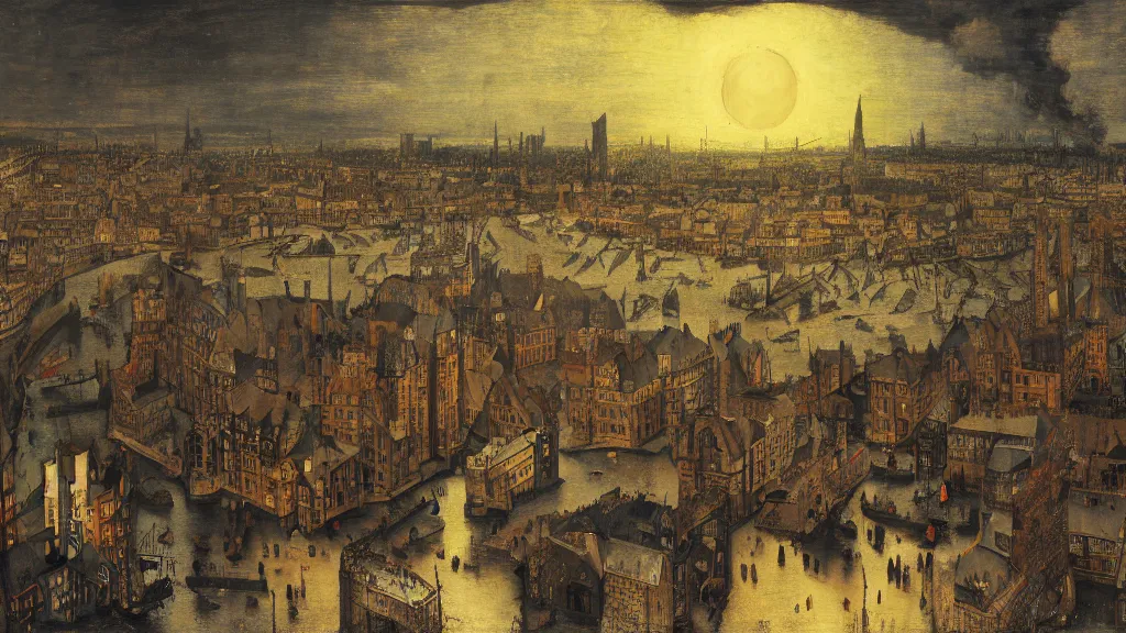 Image similar to victorian london, by pieter bruegel the elder, visual novel, perfectionism, volumetric light, contre - jour, scattering, lumen reflections, tornadic