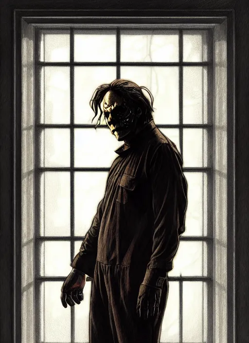 Prompt: micheal myers looking through a window, intricate, elegant, highly detailed, digital painting, artstation, concept art, smooth, sharp focus, illustration, art by artgerm and greg rutkowski and alphonse mucha