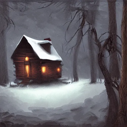 Image similar to a painting of a eerie cabin in the middle of the woods in the style of craig mullins