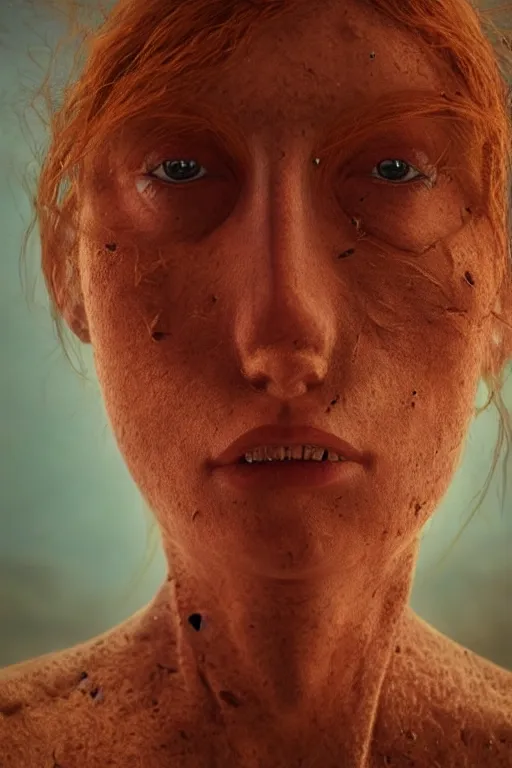 Image similar to outer body projection of beautiful woman, blue eyes, angry look, messy ginger hair, 4 k, cinematic lighting, hdr, highly detailed, ultra fine detail, photoreal, sharp focus, art by zdislav beksinski, rendered in octane, raytraced